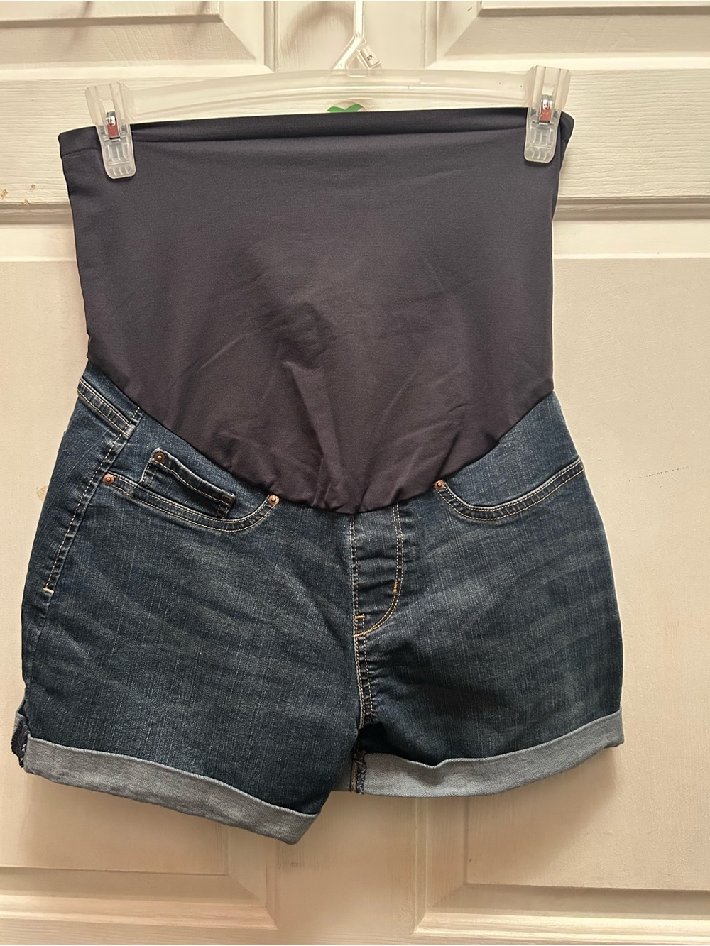 Motherhood Maternity Dark Wash Denim Shorts with Navy Belly Panel
